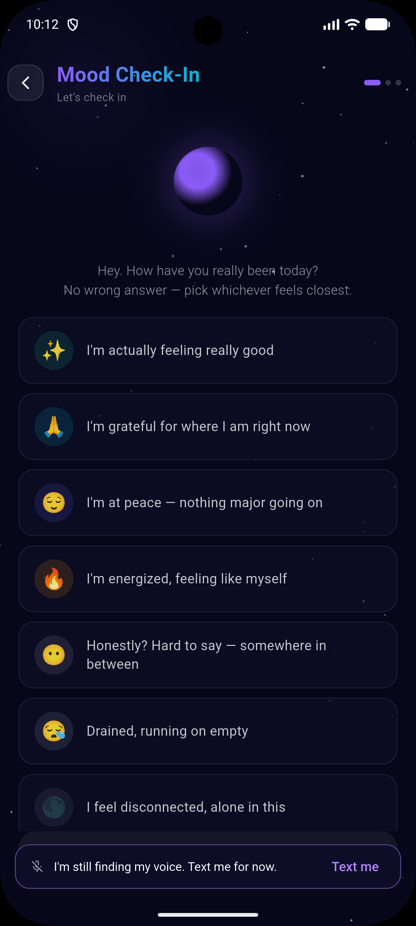 Elyvia Mood Check-In screen with emotional choices and a glowing mood orb.