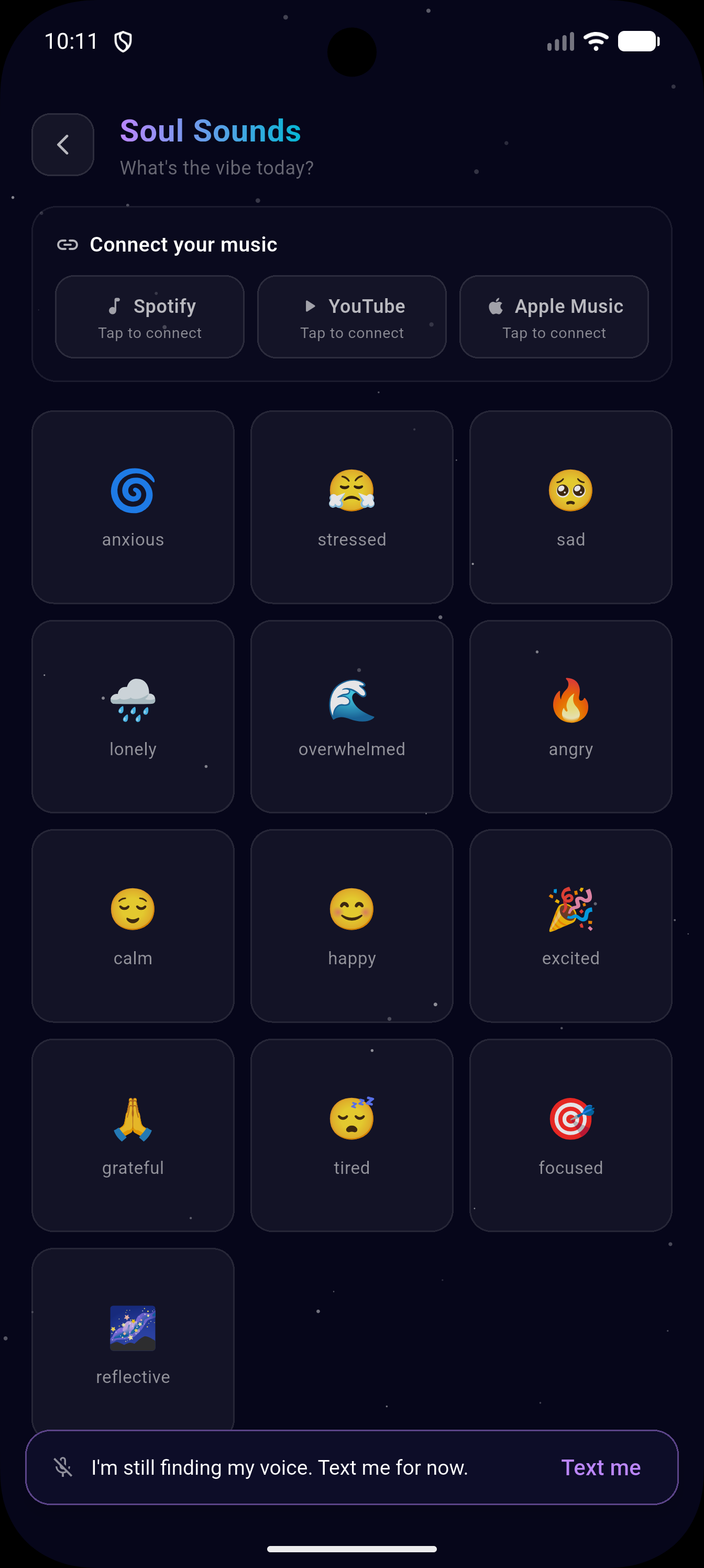Elyvia Music for Your Mood screen with mood-based sound options.