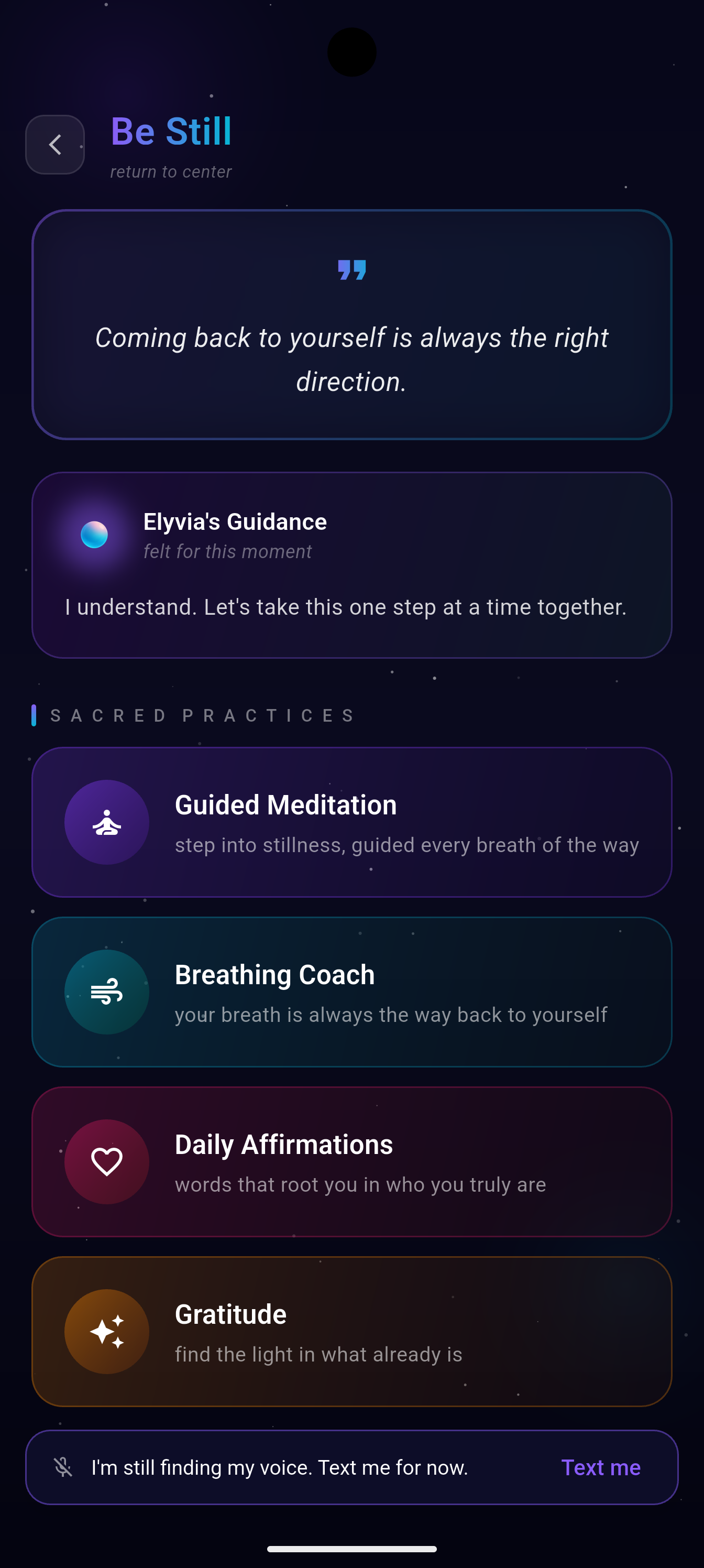 Elyvia Be Still screen with guided meditation, breathing coach, daily affirmations, and gratitude practices.