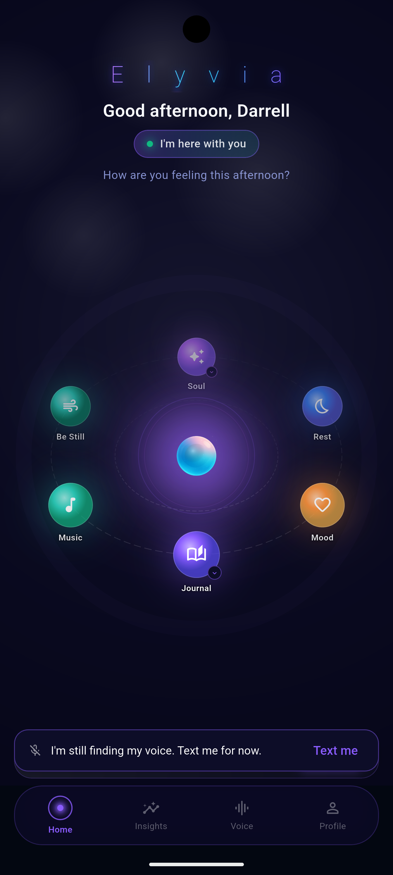 Elyvia home screen showing the emotional companion universe.