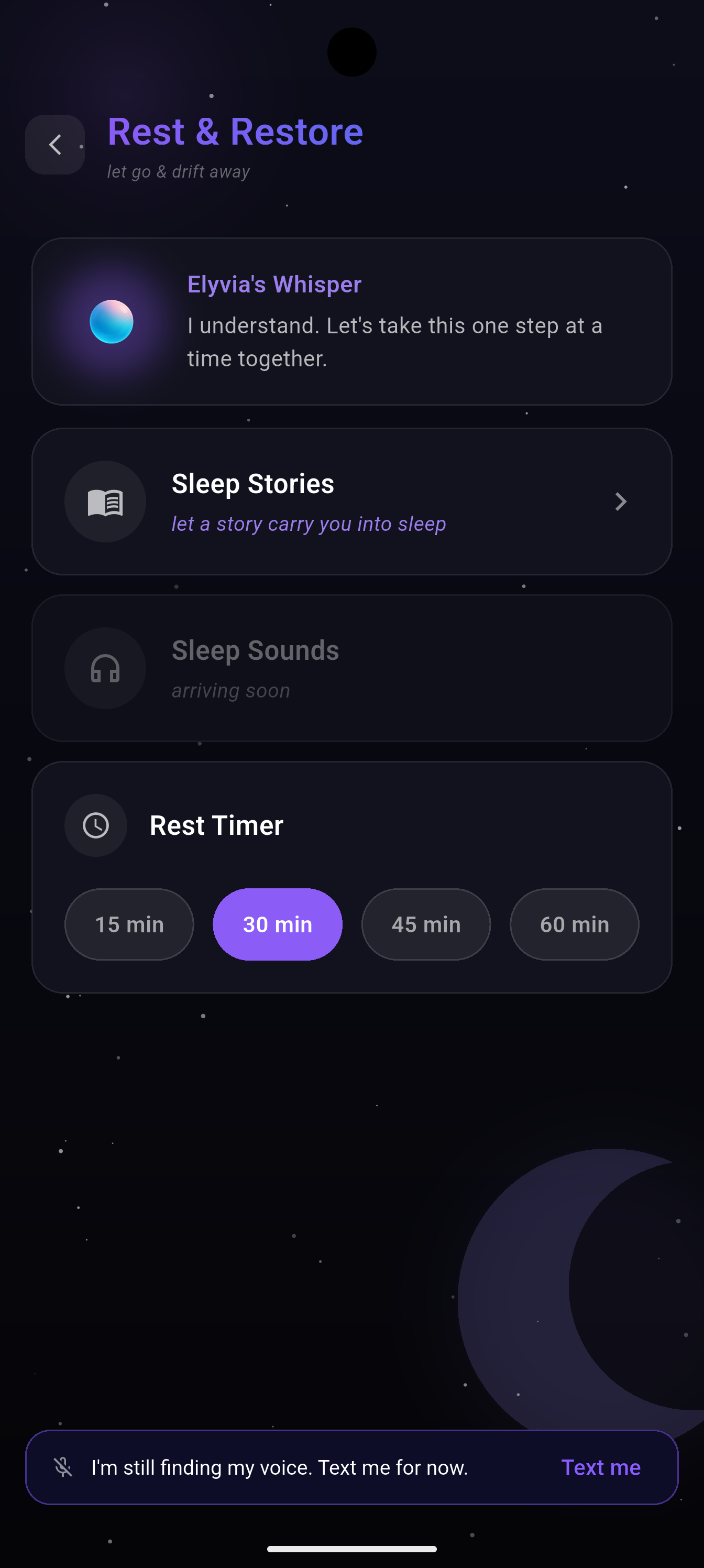 Elyvia Rest and Restore screen with sleep stories, sleep sounds, and a rest timer.